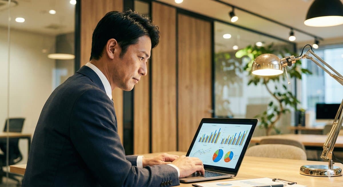 経営データを分析するビジネスパーソン